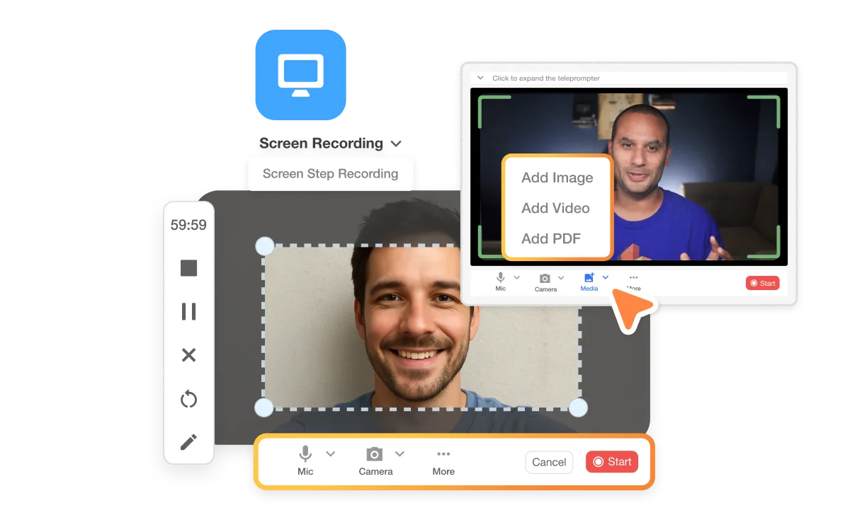 Recording tools in Visla’s Education Suite including screen recording, webcam video, and AI step record features